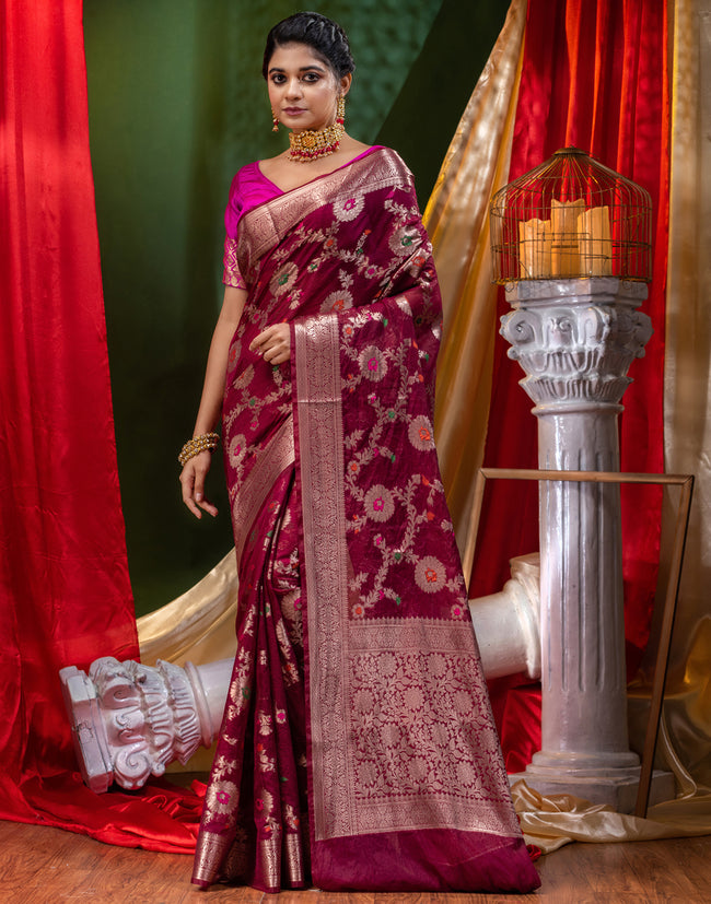 HOUSE OF BEGUM Georgette Saree Wine With Meena Work with Blouse Piece