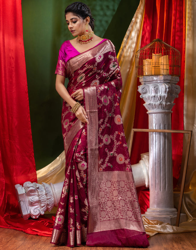 HOUSE OF BEGUM Georgette Saree Wine With Meena Work with Blouse Piece