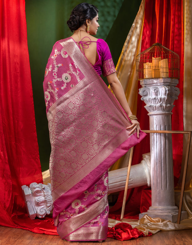 HOUSE OF BEGUM Georgette Saree Megenta With Meena Work with Blouse Piece