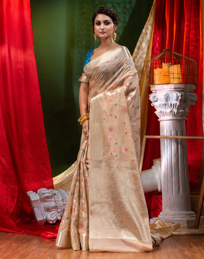 HOUSE OF BEGUM Georgette Saree Beige With Meena Work with Blouse Piece