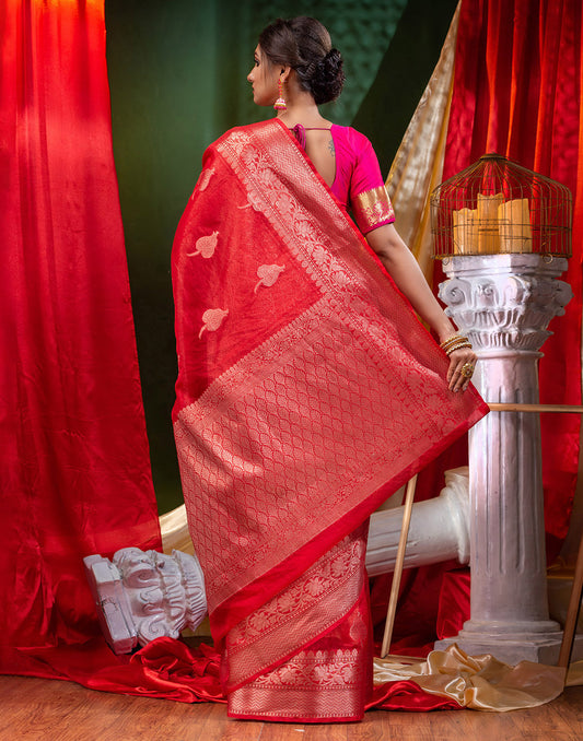 HOUSE OF BEGUM Organza Saree Red With Rose Gold Zari with Blouse Piece
