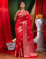 HOUSE OF BEGUM Organza Saree Red With Rose Gold Zari with Blouse Piece-4