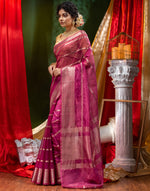 HOUSE OF BEGUM Handloom Wine Organza Saree with Blouse Piece-3