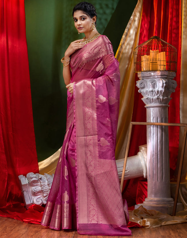 HOUSE OF BEGUM Handloom Wine Organza Saree with Blouse Piece