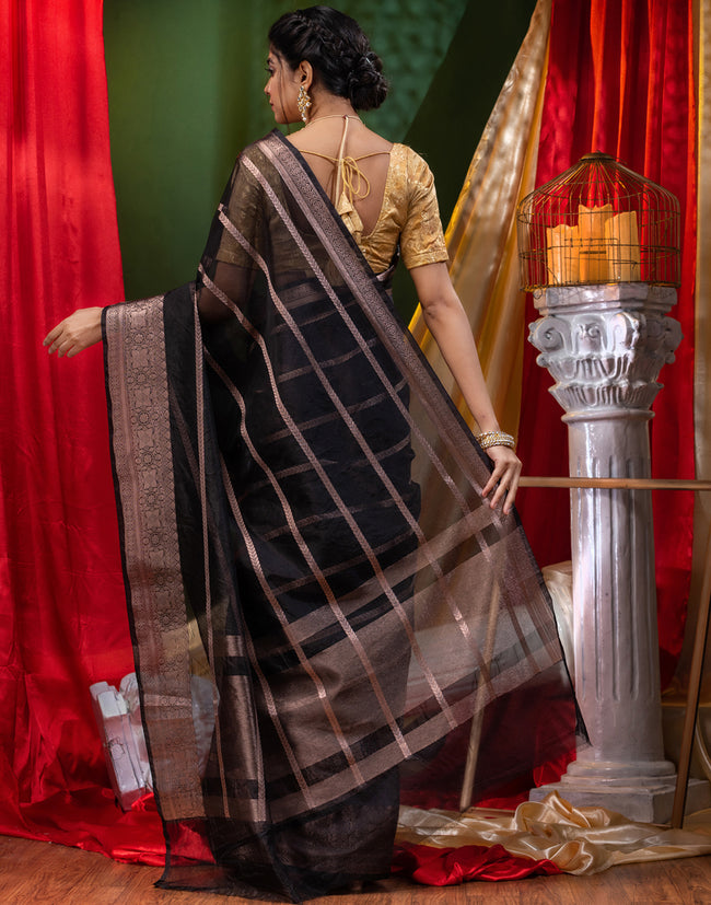 HOUSE OF BEGUM Handloom Black Organza Saree with Blouse Piece