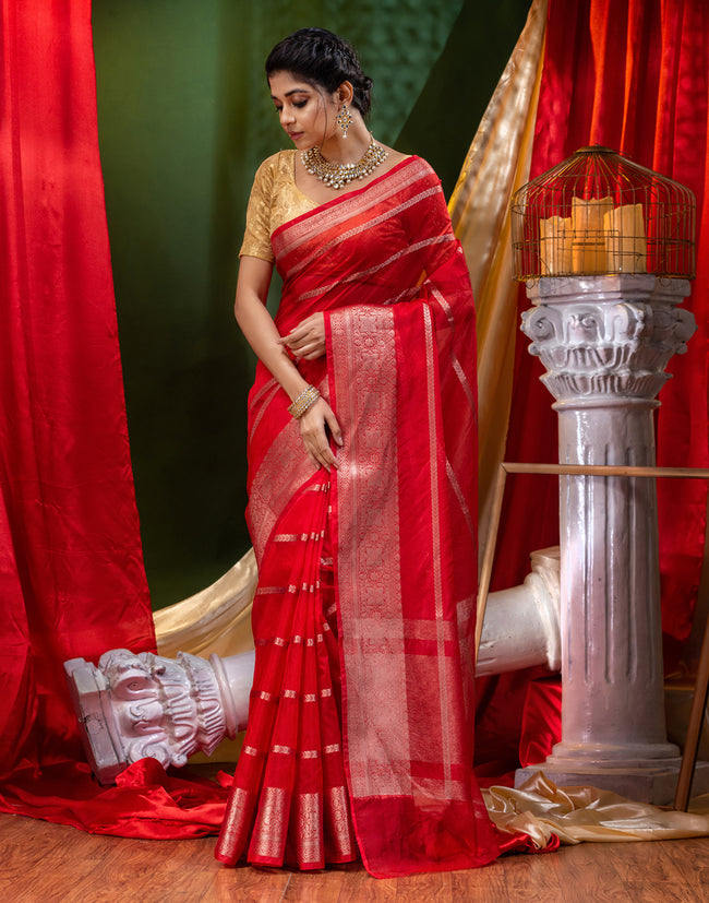 HOUSE OF BEGUM Handloom Red Organza Saree with Blouse Piece