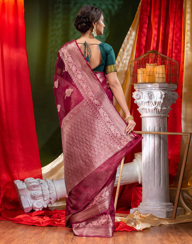 HOUSE OF BEGUM Handloom Wine Organza Saree with Blouse Piece