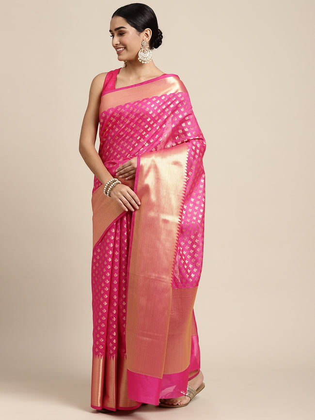 HOUSE OF BEGUM Womens Rani Pink Banarasi Opera Silk Saree With Blouse Piece