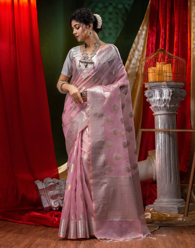 HOUSE OF BEGUM Pure Organza Pink With Meena Work with Blouse Piece