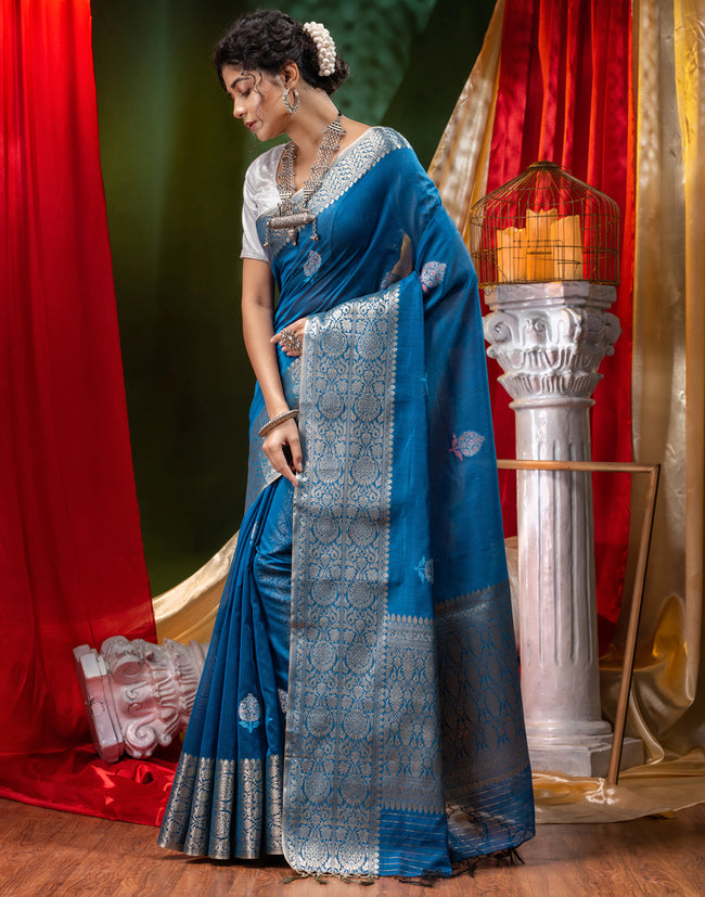 HOUSE OF BEGUM Pure Organza Royal Blue With Meena Work with Blouse Piece