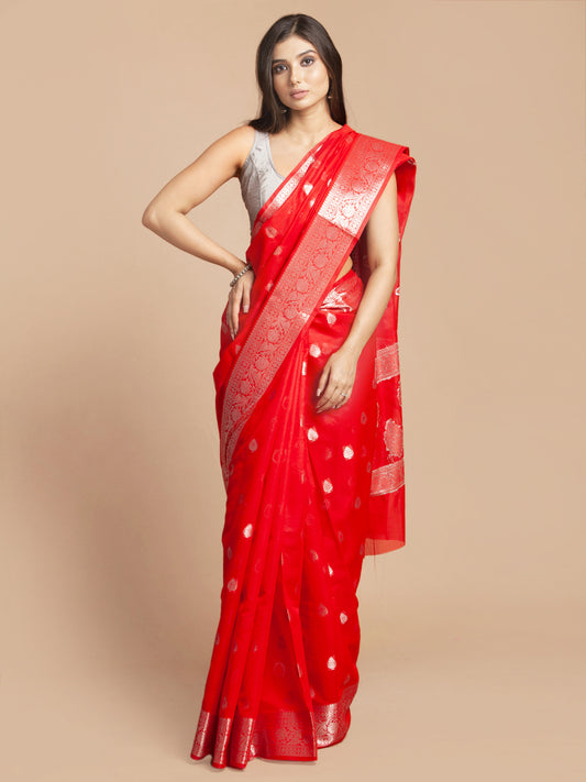 HOUSE OF BEGUM Womens Red Jacquard Weave Silver Butti And Border Banarasi Silk Saree with Blouse Piece