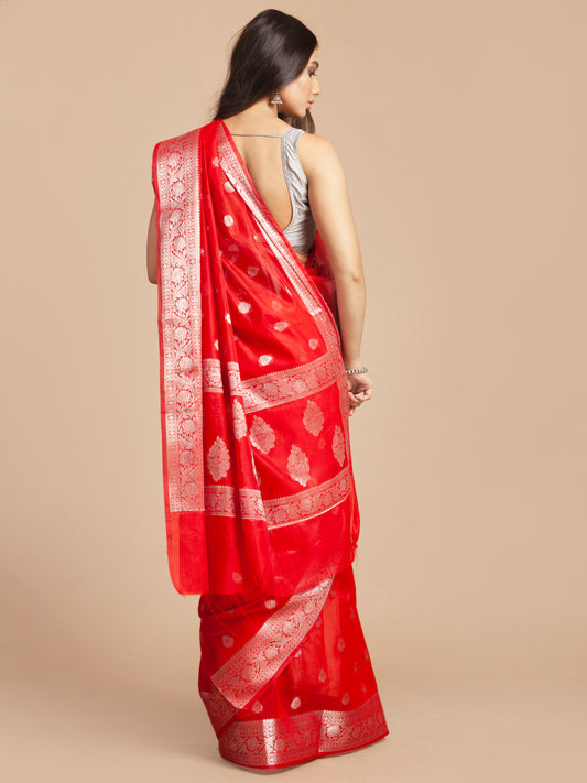 HOUSE OF BEGUM Womens Red Jacquard Weave Silver Butti And Border Banarasi Silk Saree with Blouse Piece