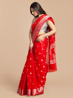 HOUSE OF BEGUM Womens Red Jacquard Weave Silver Butti And Border Banarasi Silk Saree with Blouse Piece-3
