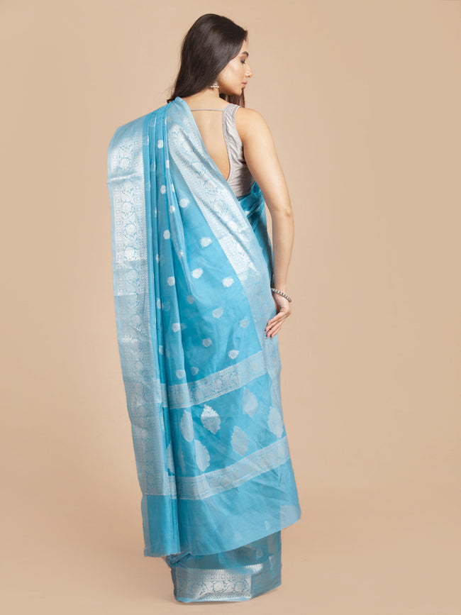 HOUSE OF BEGUM Womens Sky Blue Jacquard Weave Silver Butti And Border Banarasi Silk Saree with Blouse Piece