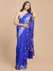HOUSE OF BEGUM Womens Blue Jacquard Weave Silver Butti And Border Banarasi Silk Saree with Blouse Piece