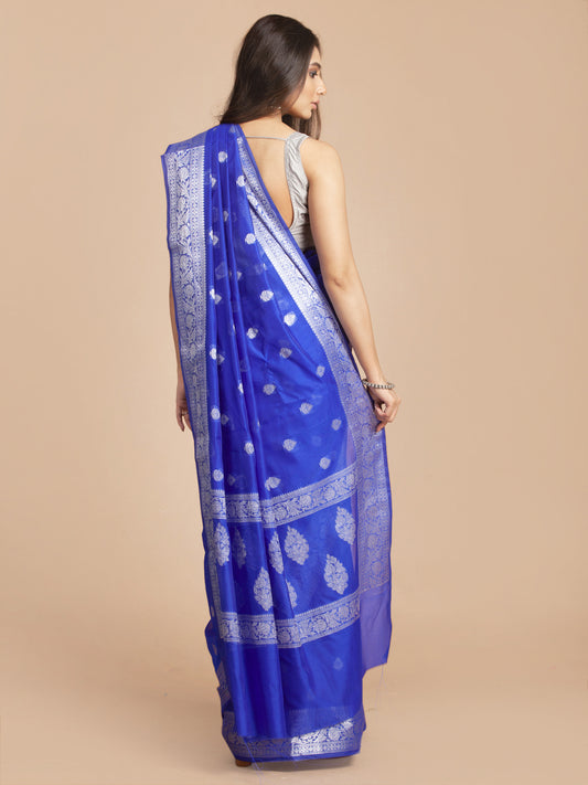 HOUSE OF BEGUM Womens Blue Jacquard Weave Silver Butti And Border Banarasi Silk Saree with Blouse Piece