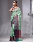 HOUSE OF BEGUM Women's Sea Green Woven Banarasi Saree with Printed Unstitched  Blouse