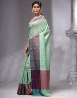 HOUSE OF BEGUM Women's Sea Green Woven Banarasi Saree with Printed Unstitched  Blouse-4
