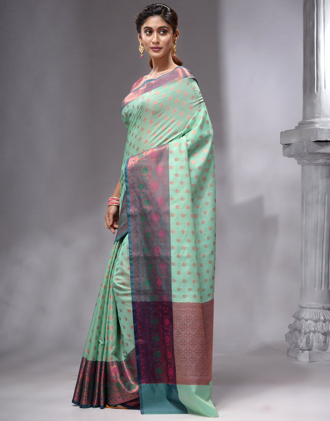 HOUSE OF BEGUM Women's Sea Green Woven Banarasi Saree with Printed Unstitched  Blouse