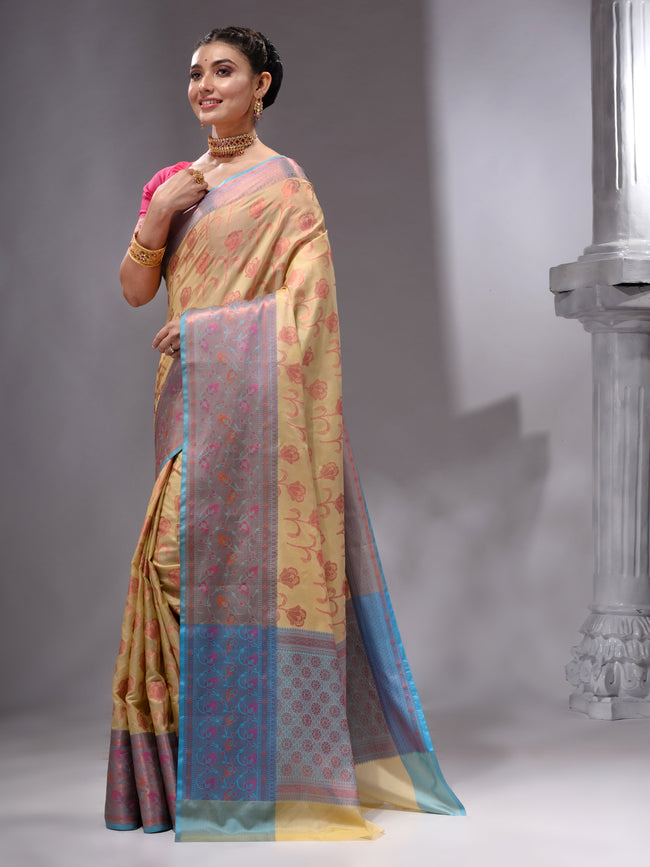 HOUSE OF BEGUM Women's Light Yellow Woven Banarasi Saree with Printed Unstitched  Blouse