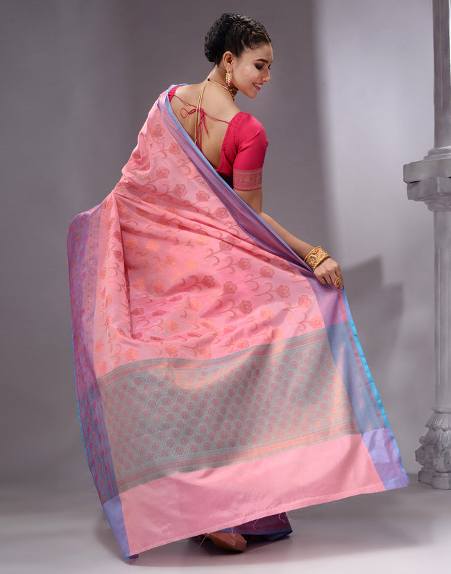 HOUSE OF BEGUM Women's Light Pink Woven Banarasi Saree with Printed Unstitched  Blouse