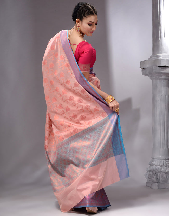 HOUSE OF BEGUM Women's Peach Woven Banarasi Saree with Printed Unstitched  Blouse