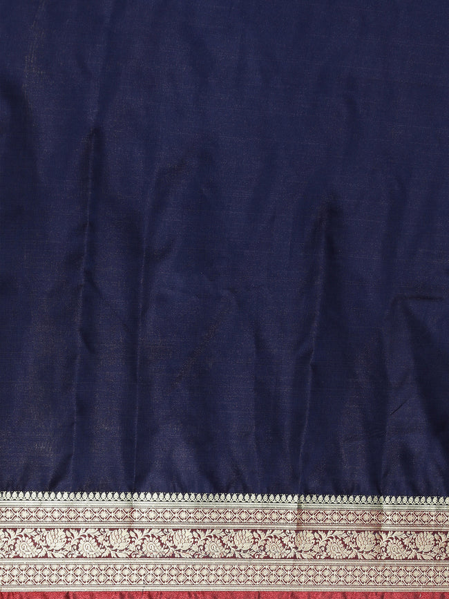 HOUSE OF BEGUM Womens Navy Blue Banarasi Satan Plain Silk Blend Saree With Blouse Piece