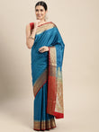 HOUSE OF BEGUM Womens Royal Blue Banarasi Satan Plain Silk Blend Saree With Blouse Piece