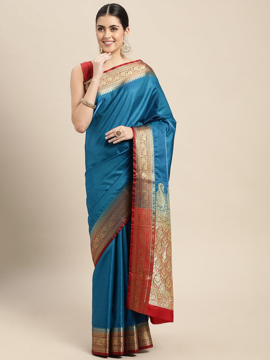 HOUSE OF BEGUM Womens Royal Blue Banarasi Satan Plain Silk Blend Saree With Blouse Piece