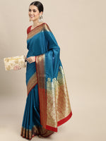 HOUSE OF BEGUM Womens Royal Blue Banarasi Satan Plain Silk Blend Saree With Blouse Piece-3