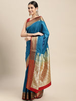 HOUSE OF BEGUM Womens Royal Blue Banarasi Satan Plain Silk Blend Saree With Blouse Piece-4