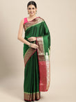 HOUSE OF BEGUM Womens Dark Green Banarasi Satan Plain Silk Blend Saree With Blouse Piece