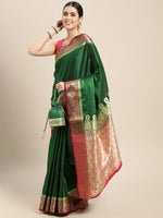 HOUSE OF BEGUM Womens Dark Green Banarasi Satan Plain Silk Blend Saree With Blouse Piece-3
