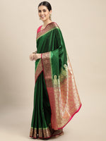 HOUSE OF BEGUM Womens Dark Green Banarasi Satan Plain Silk Blend Saree With Blouse Piece-4