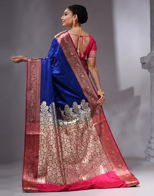 HOUSE OF BEGUM Women's Royal Blue Katan Woven Zari Work Saree with Unstitched Printed Blouse