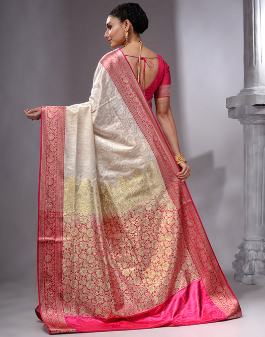 HOUSE OF BEGUM Women's Offwhite Katan Woven Zari Work Saree with Unstitched Printed Blouse
