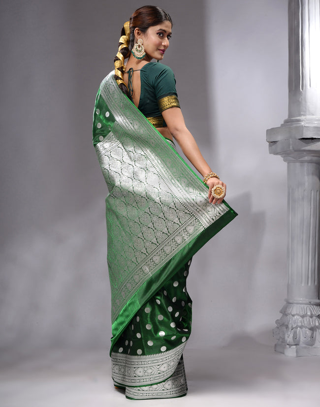 HOUSE OF BEGUM Women's Bottle Green Katan Woven Zari Work Saree with Unstitched Printed Blouse