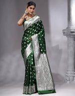 HOUSE OF BEGUM Women's Bottle Green Katan Woven Zari Work Saree with Unstitched Printed Blouse-3