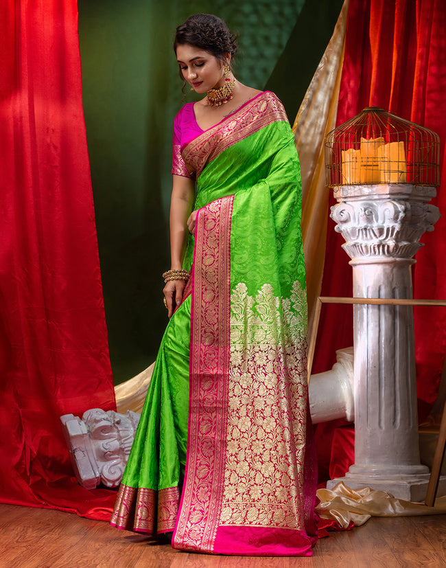 HOUSE OF BEGUM Katan Silk Green With Embossed Design with Blouse Piece