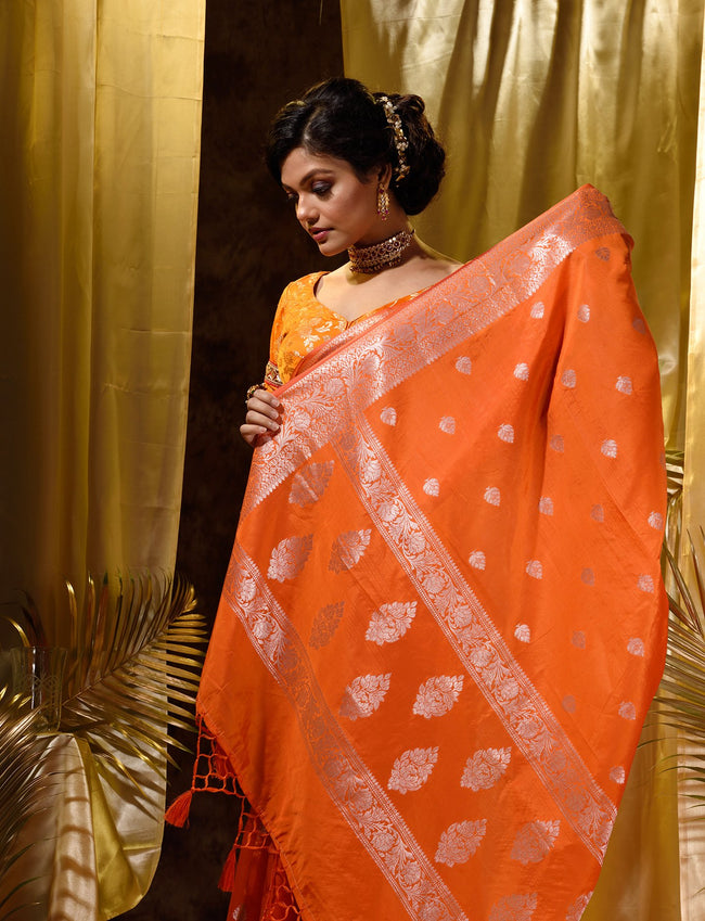 HOUSE OF BEGUM Womens Orange Banarasi Silver Buti Silk Saree with blouse piece