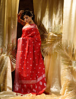 HOUSE OF BEGUM Womens Red Banarasi Silver Buti Silk Saree with blouse piece-3