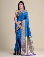 HOUSE OF BEGUM Satin Silk Royal Blue Saree With All Over Floral Jacquard Weave and Stone Work Embellished with Blouse Piece