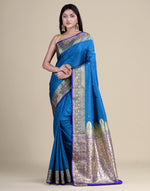 HOUSE OF BEGUM Satin Silk Royal Blue Saree With All Over Floral Jacquard Weave and Stone Work Embellished with Blouse Piece-4
