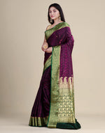 HOUSE OF BEGUM Satin Silk Wine Saree With All Over Floral Jacquard Weave and Stone Work Embellished with Blouse Piece-3