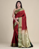 HOUSE OF BEGUM Satin Silk Maroon Saree With All Over Floral Jacquard Weave and Stone Work Embellished with Blouse Piece