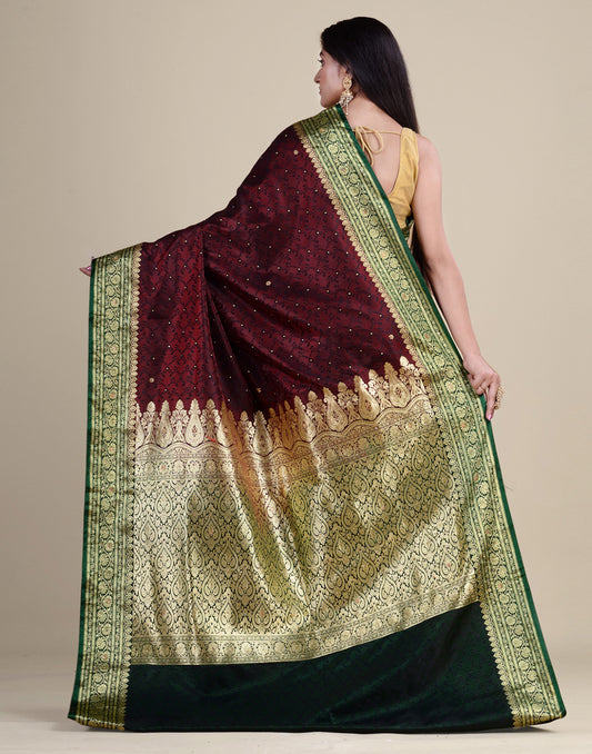 HOUSE OF BEGUM Satin Silk Wine Saree With All Over Floral Jacquard Weave and Stone Work Embellished with Blouse Piece
