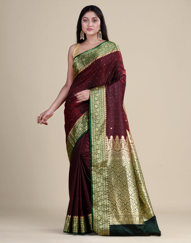 HOUSE OF BEGUM Satin Silk Wine Saree With All Over Floral Jacquard Weave and Stone Work Embellished with Blouse Piece