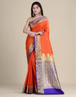 HOUSE OF BEGUM Satin Silk Orange Saree With All Over Floral Jacquard Weave and Stone Work Embellished with Blouse Piece