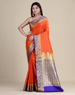 HOUSE OF BEGUM Satin Silk Orange Saree With All Over Floral Jacquard Weave and Stone Work Embellished with Blouse Piece-4