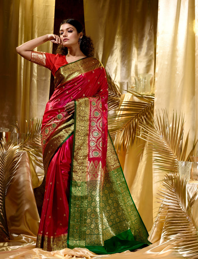 HOUSE OF BEGUM Womens Red Banarasi Satin Silk Saree With Stone Work with blouse piece